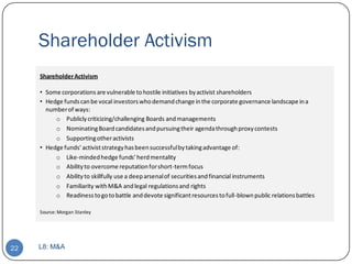 Shareholder Activism
     Shareholder Activism

     • Some corporations are vulnerable to hostile initiatives by activist shareholders
     • Hedge funds can be vocal investors who demand change in the corporate governance landscape in a
       number of ways:
          o Publicly criticizing/challenging Boards and managements
          o Nominating Board candidates and pursuing their agenda through proxy contests
          o Supporting other activists
     • Hedge funds’ activist strategy has been successful by taking advantage of:
          o Like-minded hedge funds’ herd mentality
          o Ability to overcome reputation for short-term focus
          o Ability to skillfully use a deep arsenal of securities and financial instruments
          o Familiarity with M&A and legal regulations and rights
          o Readiness to go to battle and devote significant resources to full-blown public relations battles

     Source: Morgan Stanley




22   L8: M&A
 