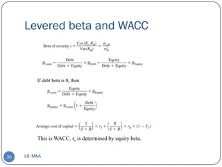 Levered beta and WACC



          If debt beta is 0, then




          This is WACC. rs is determined by equity beta.


30   L8: M&A
 