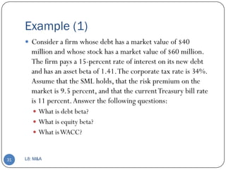 Example (1)
      Consider a firm whose debt has a market value of $40
       million and whose stock has a market value of $60 million.
       The firm pays a 15-percent rate of interest on its new debt
       and has an asset beta of 1.41. The corporate tax rate is 34%.
       Assume that the SML holds, that the risk premium on the
       market is 9.5 percent, and that the current Treasury bill rate
       is 11 percent. Answer the following questions:
         What is debt beta?
         What is equity beta?
         What is WACC?



31   L8: M&A
 