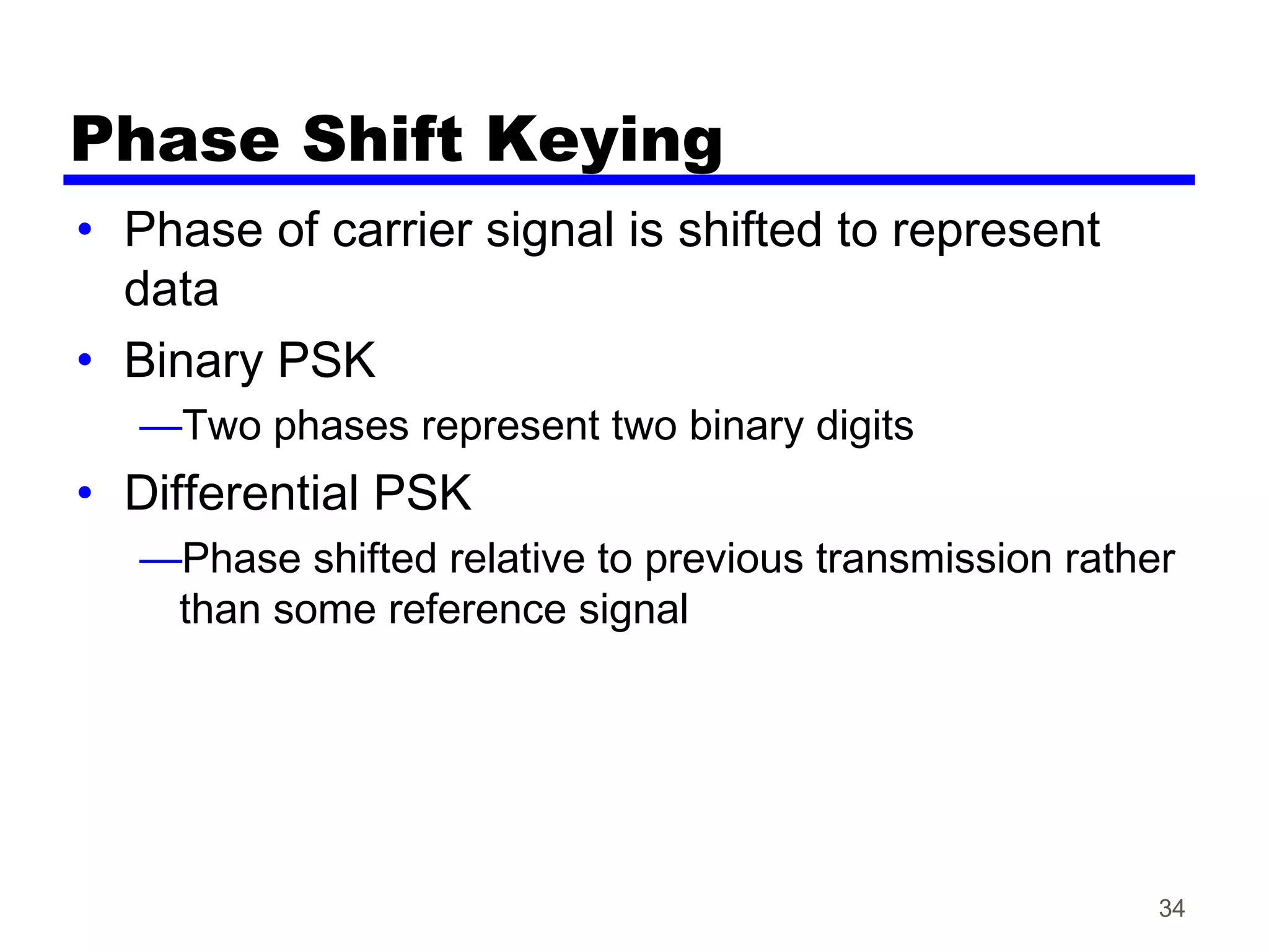 Phase Shift Keying
• Phase of carrier signal is shifted to represent
data
• Binary PSK
—Two phases represent two binary digits
• Differential PSK
—Phase shifted relative to previous transmission rather
than some reference signal
34
 