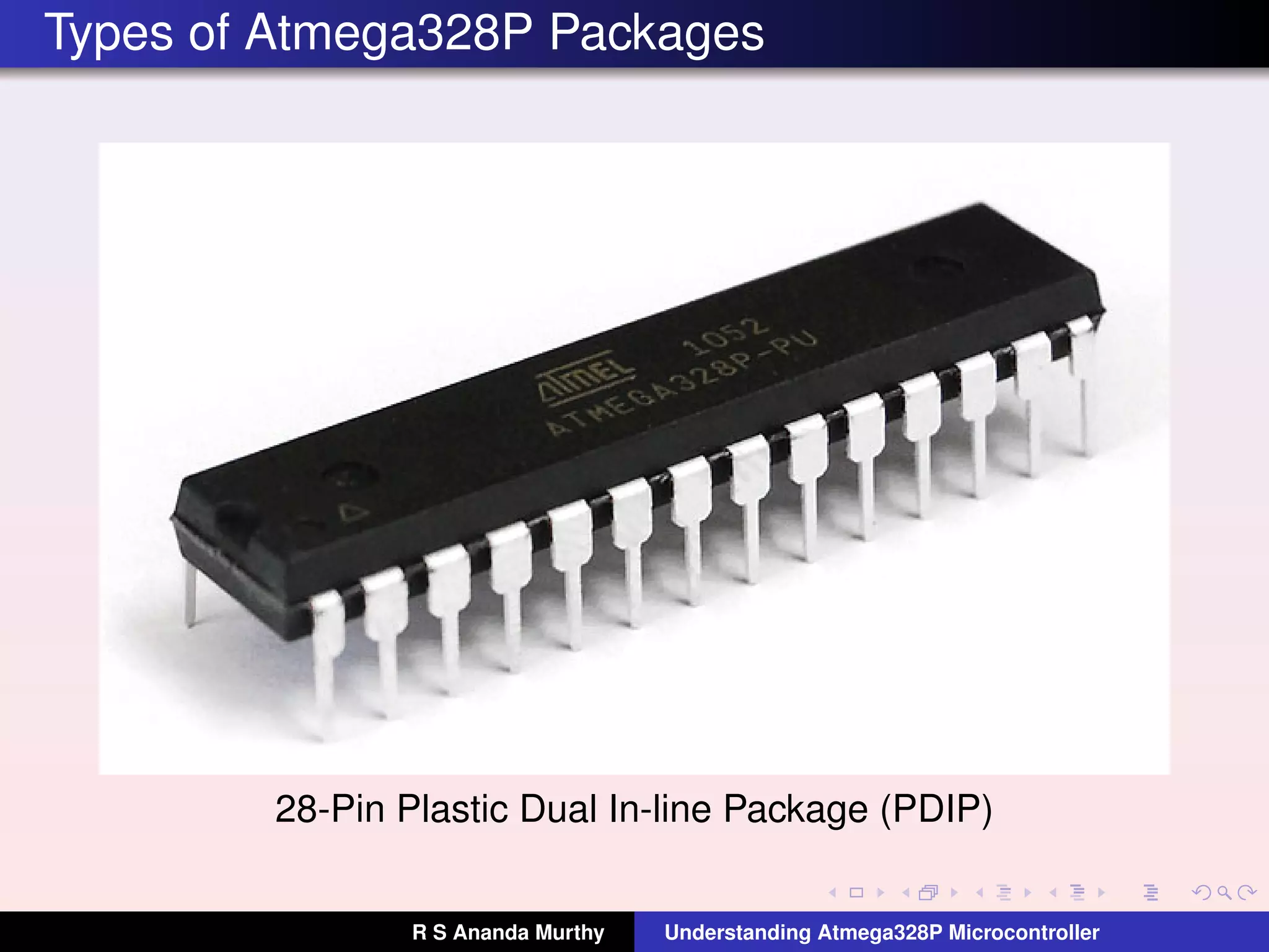 Types of Atmega328P Packages
28-Pin Plastic Dual In-line Package (PDIP)
R S Ananda Murthy Understanding Atmega328P Microcontroller
 