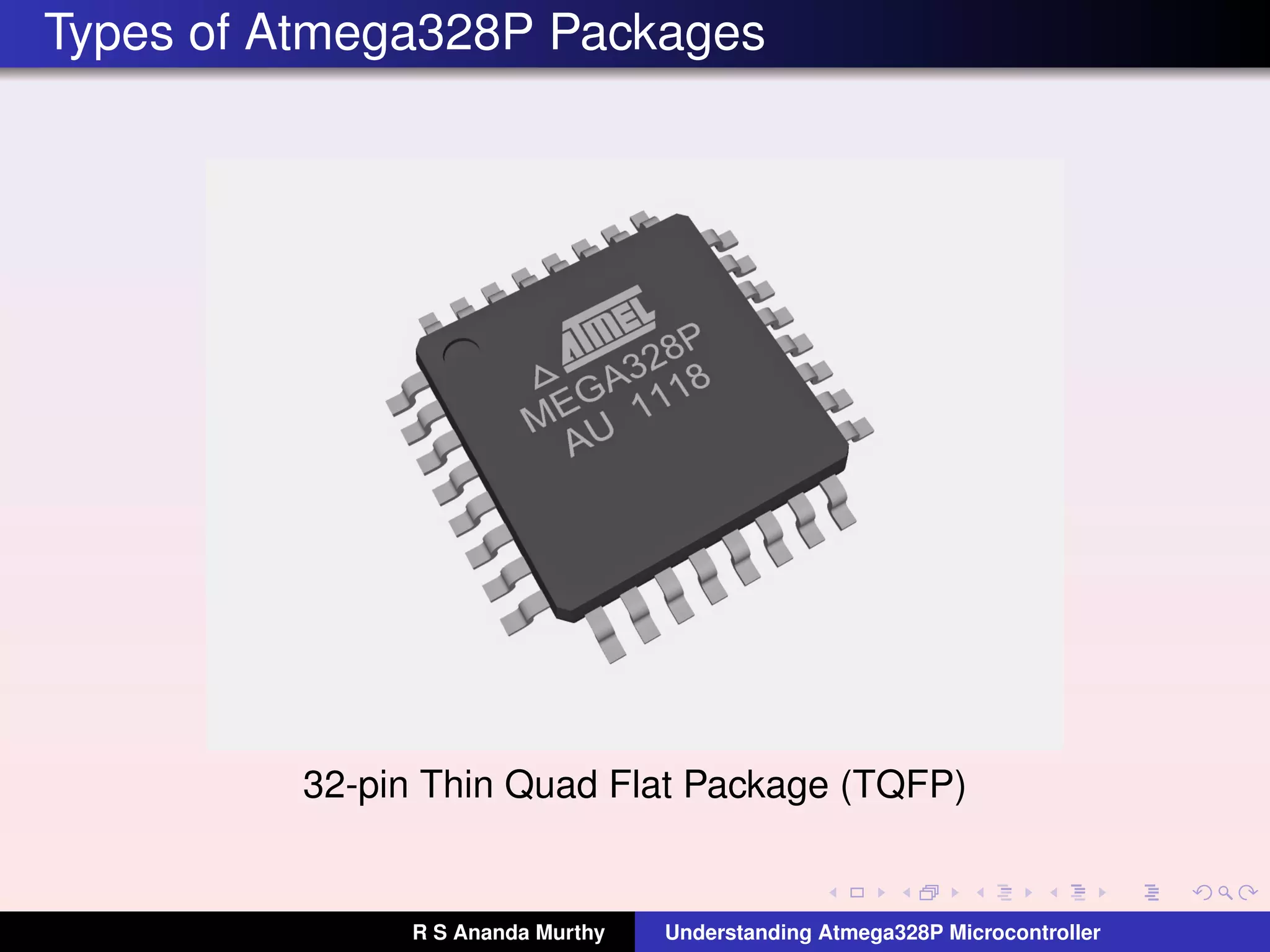 Types of Atmega328P Packages
32-pin Thin Quad Flat Package (TQFP)
R S Ananda Murthy Understanding Atmega328P Microcontroller
 