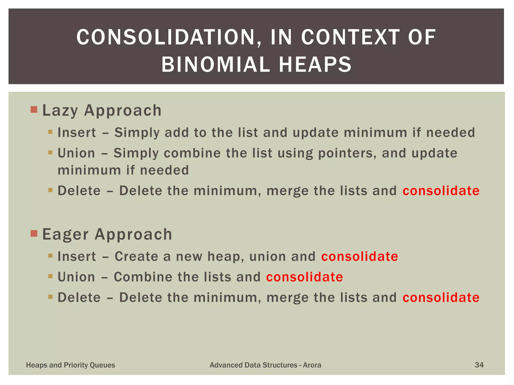  Lazy Approach
 Insert – Simply add to the list and update minimum if needed
 Union – Simply combine the list using pointers, and update
minimum if needed
 Delete – Delete the minimum, merge the lists and consolidate
 Eager Approach
 Insert – Create a new heap, union and consolidate
 Union – Combine the lists and consolidate
 Delete – Delete the minimum, merge the lists and consolidate
CONSOLIDATION, IN CONTEXT OF
BINOMIAL HEAPS
Heaps and Priority Queues Advanced Data Structures - Arora 34
 