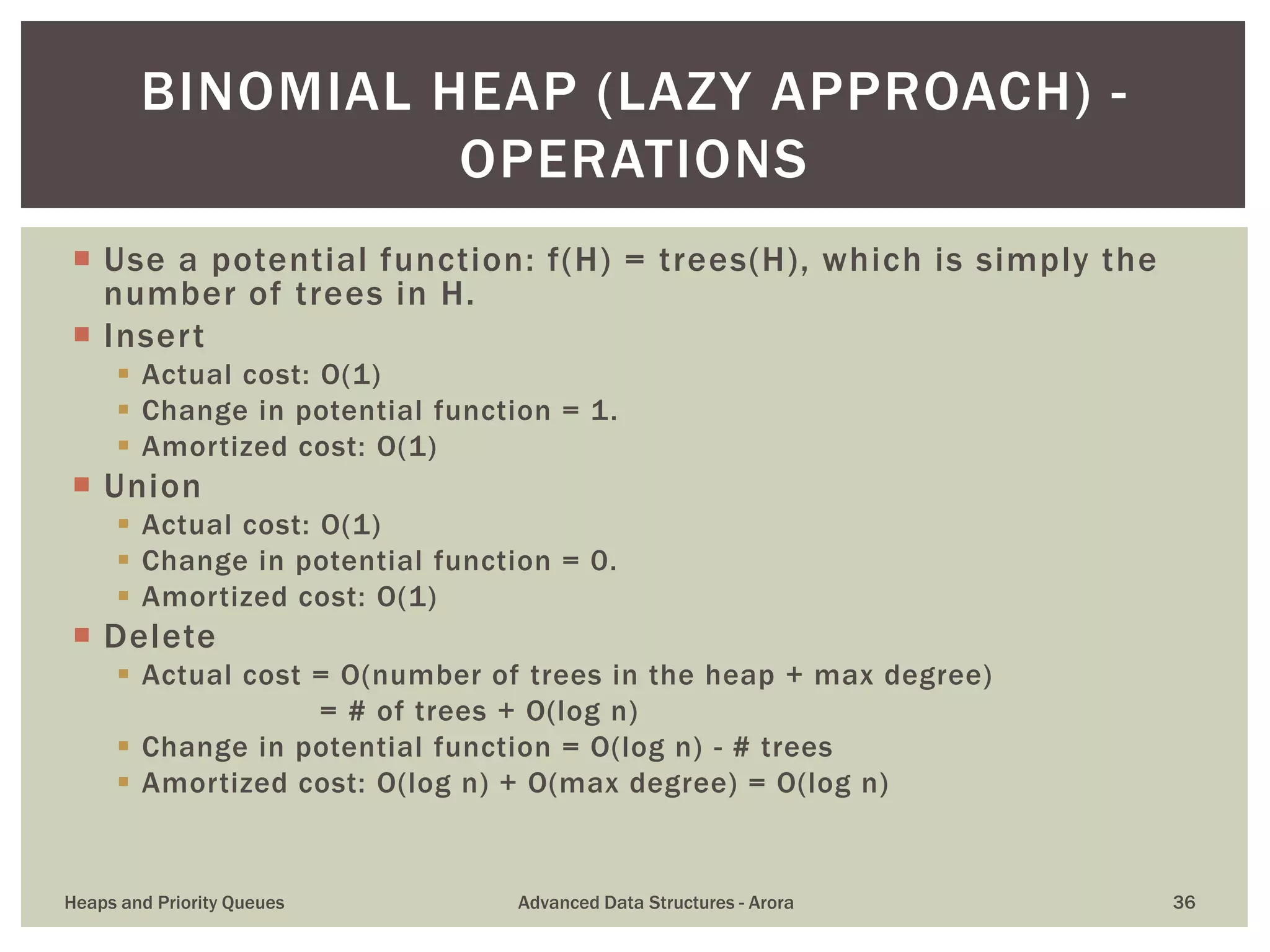  Use a potential function: f(H) = trees(H), which is simply the
number of trees in H.
 Insert
 Actual cost: O(1)
 Change in potential function = 1.
 Amortized cost: O(1)
 Union
 Actual cost: O(1)
 Change in potential function = 0.
 Amortized cost: O(1)
 Delete
 Actual cost = O(number of trees in the heap + max degree)
= # of trees + O(log n)
 Change in potential function = O(log n) - # trees
 Amortized cost: O(log n) + O(max degree) = O(log n)
BINOMIAL HEAP (LAZY APPROACH) -
OPERATIONS
Heaps and Priority Queues Advanced Data Structures - Arora 36
 
