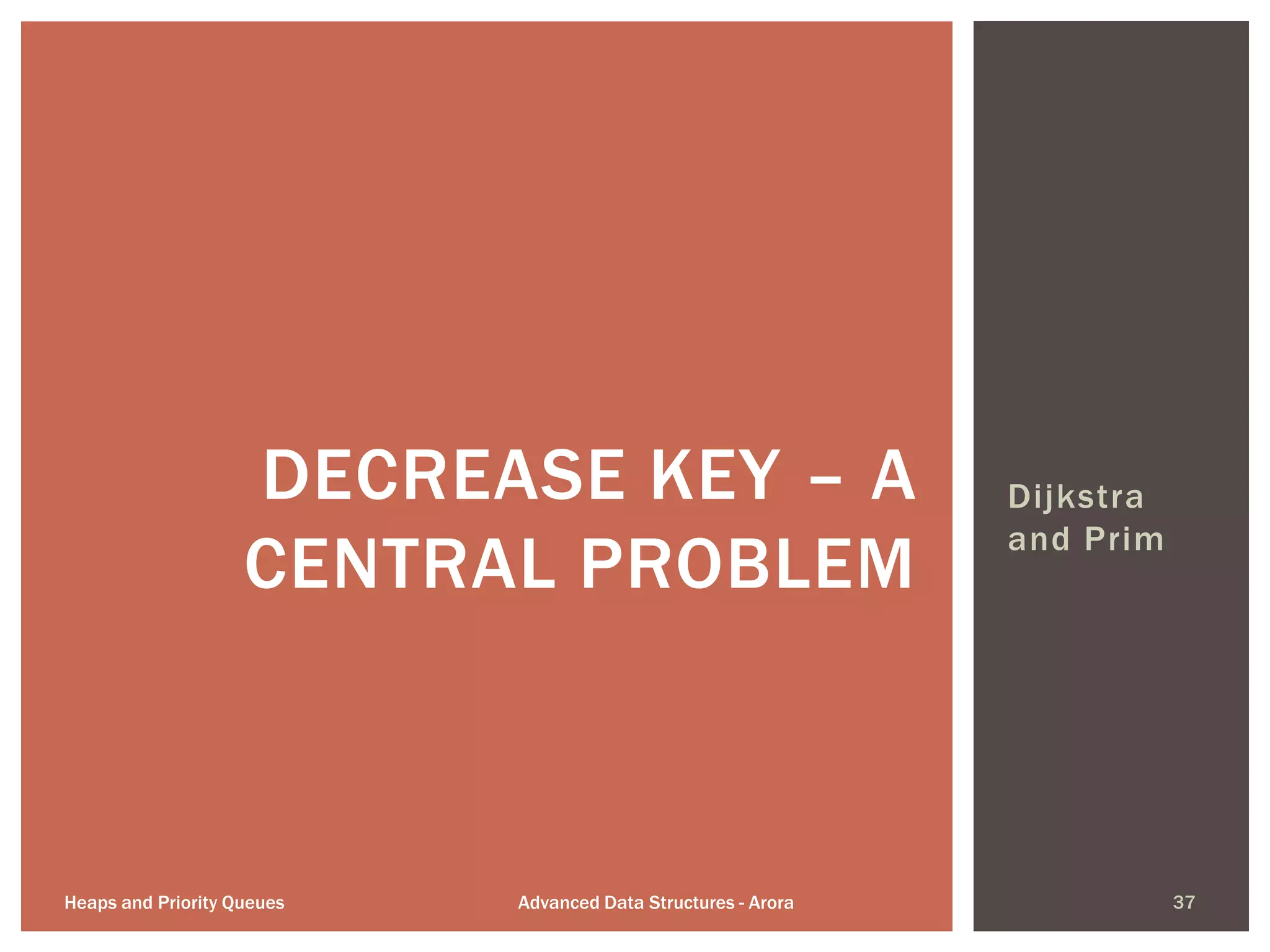 Dijkstra
and Prim
DECREASE KEY – A
CENTRAL PROBLEM
Heaps and Priority Queues Advanced Data Structures - Arora 37
 