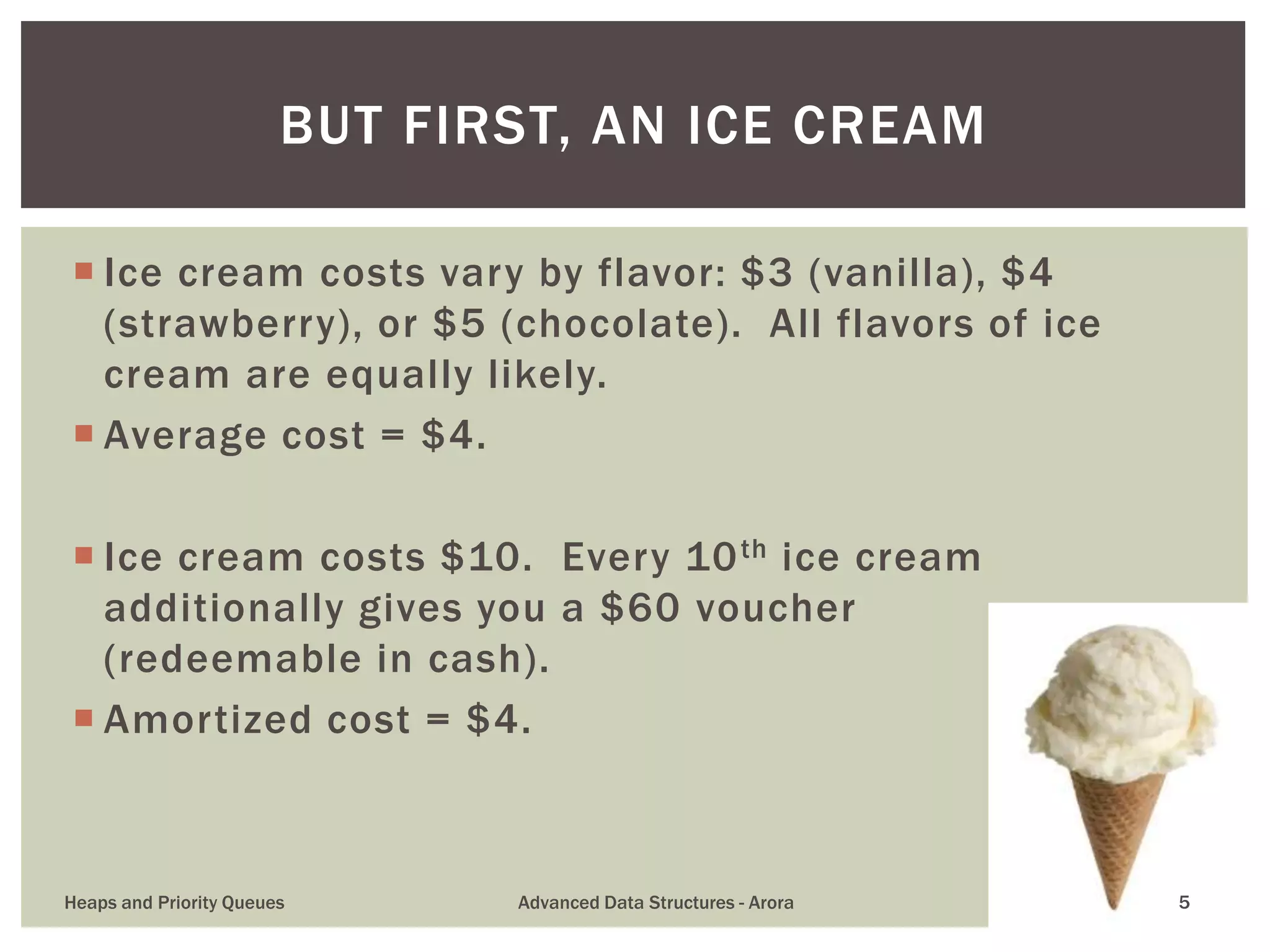  Ice cream costs vary by flavor: $3 (vanilla), $4
(strawberry), or $5 (chocolate). All flavors of ice
cream are equally likely.
 Average cost = $4.
 Ice cream costs $10. Every 10th ice cream
additionally gives you a $60 voucher
(redeemable in cash).
 Amortized cost = $4.
BUT FIRST, AN ICE CREAM
Heaps and Priority Queues Advanced Data Structures - Arora 5
 