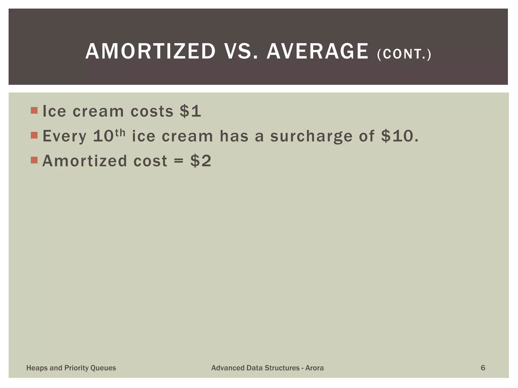  Ice cream costs $1
 Every 10th ice cream has a surcharge of $10.
 Amortized cost = $2
AMORTIZED VS. AVERAGE (CONT.)
Heaps and Priority Queues Advanced Data Structures - Arora 6
 