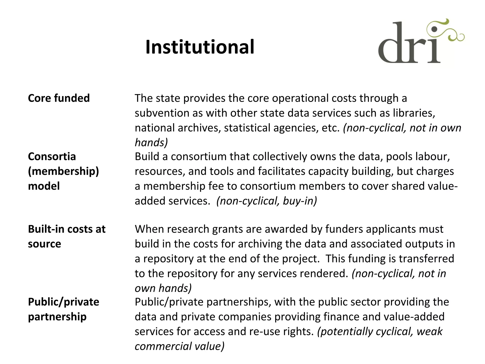 Institutional
Core funded The state provides the core operational costs through a
subvention as with other state data services such as libraries,
national archives, statistical agencies, etc. (non-cyclical, not in own
hands)
Consortia
(membership)
model
Build a consortium that collectively owns the data, pools labour,
resources, and tools and facilitates capacity building, but charges
a membership fee to consortium members to cover shared value-
added services. (non-cyclical, buy-in)
Built-in costs at
source
When research grants are awarded by funders applicants must
build in the costs for archiving the data and associated outputs in
a repository at the end of the project. This funding is transferred
to the repository for any services rendered. (non-cyclical, not in
own hands)
Public/private
partnership
Public/private partnerships, with the public sector providing the
data and private companies providing finance and value-added
services for access and re-use rights. (potentially cyclical, weak
commercial value)
 