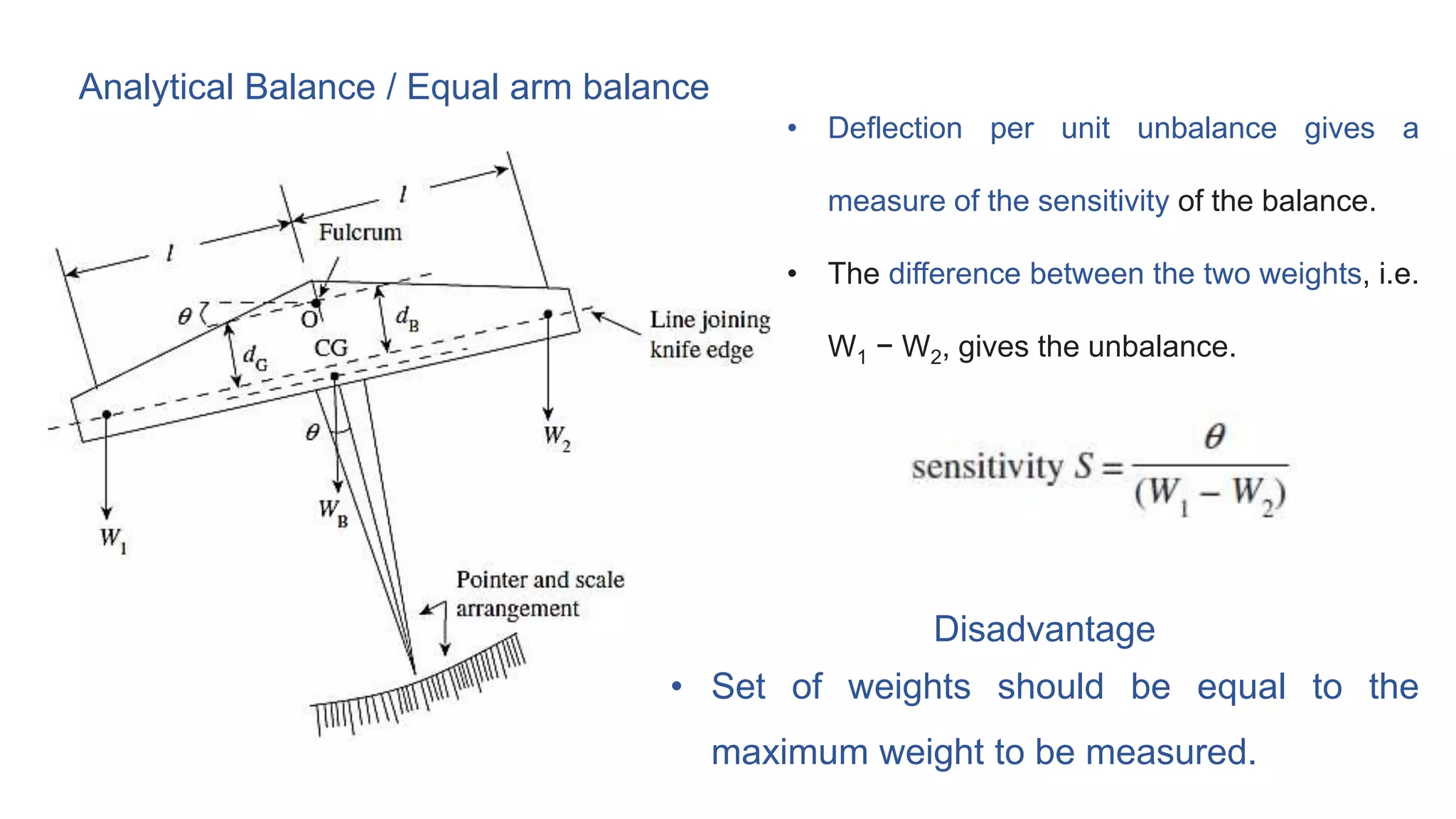 Analytical Balance / Equal arm balance
• Deflection per unit unbalance gives a
measure of the sensitivity of the balance.
• The difference between the two weights, i.e.
W1 − W2, gives the unbalance.
Disadvantage
• Set of weights should be equal to the
maximum weight to be measured.
 