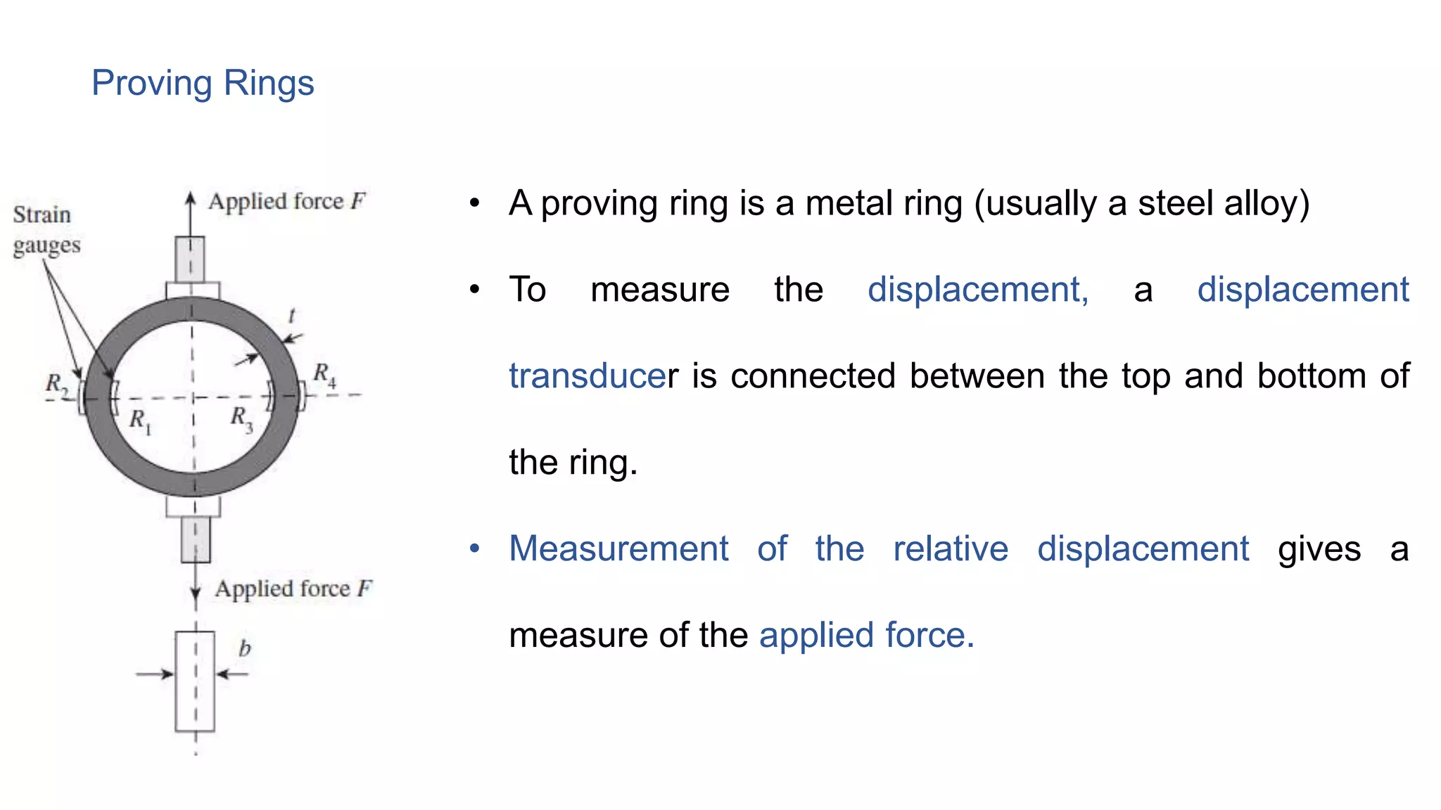Proving Rings
• A proving ring is a metal ring (usually a steel alloy)
• To measure the displacement, a displacement
transducer is connected between the top and bottom of
the ring.
• Measurement of the relative displacement gives a
measure of the applied force.
 