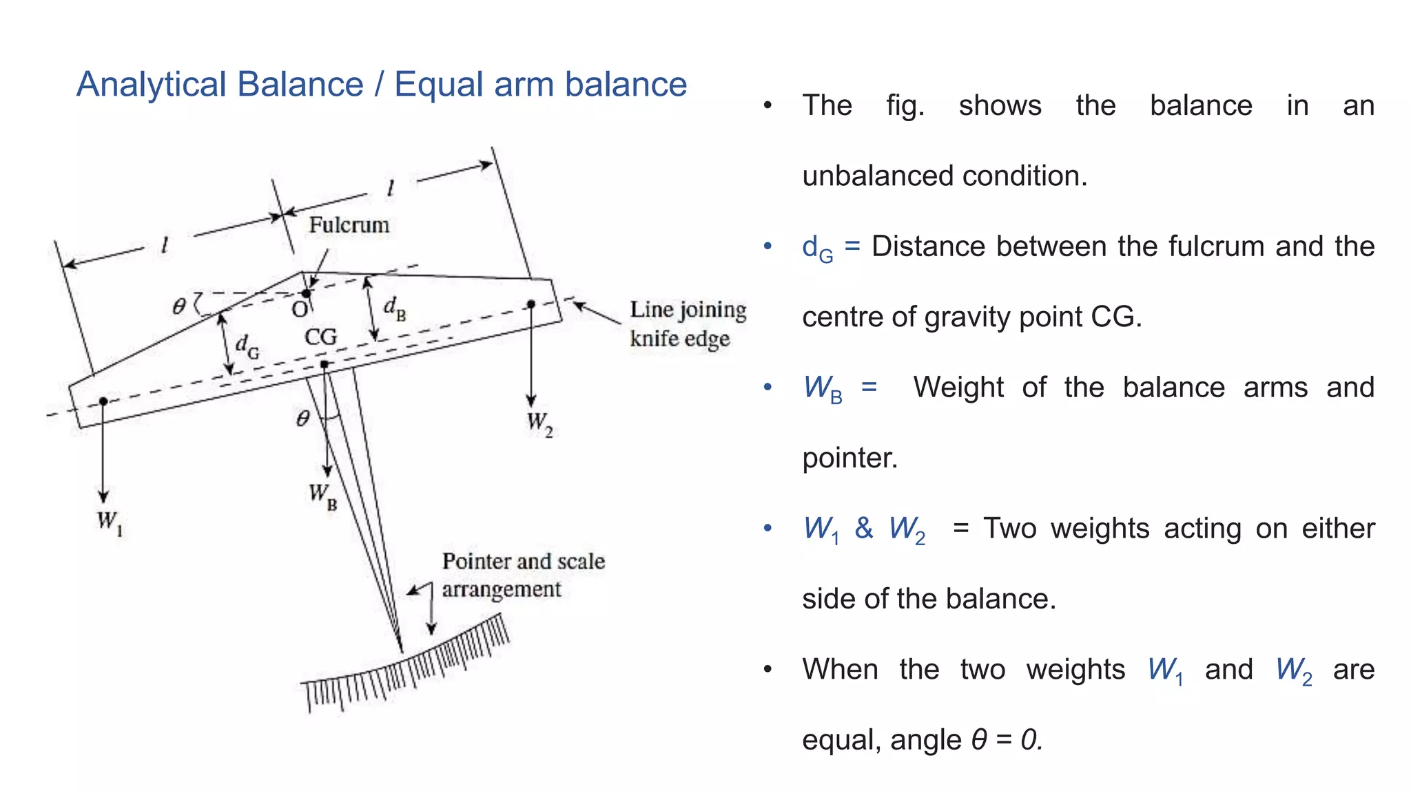 Analytical Balance / Equal arm balance
• The fig. shows the balance in an
unbalanced condition.
• dG = Distance between the fulcrum and the
centre of gravity point CG.
• WB = Weight of the balance arms and
pointer.
• W1 & W2 = Two weights acting on either
side of the balance.
• When the two weights W1 and W2 are
equal, angle θ = 0.
 