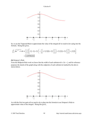 Calculus II
So, to use the Trapezoid Rule to approximate the value of the integral all we need to do is plug into the
formula. Doing this gives,
( ) ( ) ( ) ( )
2 12
2
1
1 1 3
1 1 2 2 0 2 2 1 2 2
2 2 2 2
3.69596543
x
dx f f f f f f f−
−
        
+ ≈ − + − + + + + +        
        
=
∫ e
(b) Simpson’s Rule
From the Midpoint Rule work we know that the width of each subinterval is 1
2x∆ = and for reference
purposes the sketch of the graph along with the endpoints of each subinterval marked by the dots is
shown below.
As with the first two parts all we need to do is plug into the formula to use Simpson’s Rule to
approximate value of the integral. Doing this gives,
© 2007 Paul Dawkins 99 http://tutorial.math.lamar.edu/terms.aspx
 