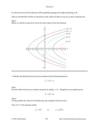 Calculus II
So, the level curves for this function will be parabolas opening to the right and starting at 4k.
Note as well that there will be no restrictions on the values of k that we can use, as there sometimes are.
Step 3
Below is a sketch of some level curves for some values of k for this function.
7. Identify and sketch the level curves (or contours) for the following function.
2 2
2y x z= +
Step 1
We know that level curves or contours are given by setting z k= . Doing this in our equation gives,
2 2
2y x k= +
Step 2
For this problem the value of k will affect the type of graph of the level curve.
First, if 0k = the equation will be,
2 2
2 2y x y x= ⇒ =±
© 2007 Paul Dawkins 356 http://tutorial.math.lamar.edu/terms.aspx
 