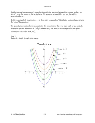Calculus II
Just because we have an x doesn’t mean that it must be the horizontal axis and just because we have a y
doesn’t mean that it must be the vertical axis! We set up the axis variables in a way that will be
convenient for us.
In this case since both equation have a z in them and it is squared we’ll let z be the horizontal axis variable
for both of the equations.
So, given that convention for the axis variables this means that for the x a= trace we’ll have a parabola
that opens upwards with vertex at ( )2 1
30, a−
and for the y b= trace we’ll have a parabola that opens
downwards with vertex at ( )3 1
20, b+
.
Step 3
Below is a sketch for each of the traces.
© 2007 Paul Dawkins 359 http://tutorial.math.lamar.edu/terms.aspx
 