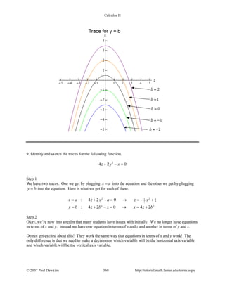 Calculus II
9. Identify and sketch the traces for the following function.
2
4 2 0z y x+ − =
Step 1
We have two traces. One we get by plugging x a= into the equation and the other we get by plugging
y b= into the equation. Here is what we get for each of these.
2 21
2 4
2 2
: 4 2 0
: 4 2 0 4 2
a
x a z y a z y
y b z b x x z b
= + − = → =− +
= + − = → = +
Step 2
Okay, we’re now into a realm that many students have issues with initially. We no longer have equations
in terms of x and y. Instead we have one equation in terms of x and z and another in terms of y and z.
Do not get excited about this! They work the same way that equations in terms of x and y work! The
only difference is that we need to make a decision on which variable will be the horizontal axis variable
and which variable will be the vertical axis variable.
© 2007 Paul Dawkins 360 http://tutorial.math.lamar.edu/terms.aspx
 