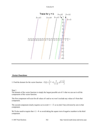 Calculus II
Vector Functions
1. Find the domain for the vector function : ( ) 2 1
1, , 4
2
r t t t
t
=+ +
+

Step 1
The domain of the vector function is simply the largest possible set of t’s that we can use in all the
components of the vector function.
The first component will exist for all values of t and so we won’t exclude any values of t from that
component.
The second component clearly requires us to avoid 2t = − so we don’t have division by zero in that
component.
We’ll also need to require that 4t ≥ − so avoid taking the square root of negative numbers in the third
component.
© 2007 Paul Dawkins 362 http://tutorial.math.lamar.edu/terms.aspx
 