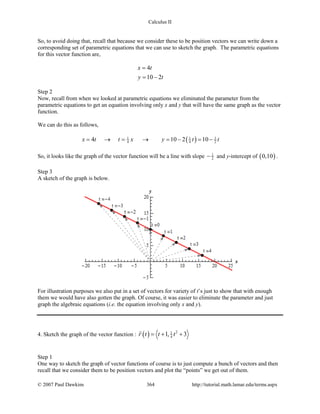 Calculus II
So, to avoid doing that, recall that because we consider these to be position vectors we can write down a
corresponding set of parametric equations that we can use to sketch the graph. The parametric equations
for this vector function are,
4
10 2
x t
y t
=
= −
Step 2
Now, recall from when we looked at parametric equations we eliminated the parameter from the
parametric equations to get an equation involving only x and y that will have the same graph as the vector
function.
We can do this as follows,
( )1 1 1
4 4 24 10 2 10x t t x y t t= → = → = − = −
So, it looks like the graph of the vector function will be a line with slope 1
2− and y-intercept of ( )0,10 .
Step 3
A sketch of the graph is below.
For illustration purposes we also put in a set of vectors for variety of t’s just to show that with enough
them we would have also gotten the graph. Of course, it was easier to eliminate the parameter and just
graph the algebraic equations (i.e. the equation involving only x and y).
4. Sketch the graph of the vector function : ( ) 21
41, 3r t t t=+ +

Step 1
One way to sketch the graph of vector functions of course is to just compute a bunch of vectors and then
recall that we consider them to be position vectors and plot the “points” we get out of them.
© 2007 Paul Dawkins 364 http://tutorial.math.lamar.edu/terms.aspx
 