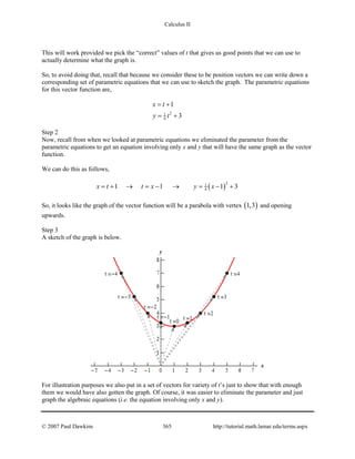 Calculus II
This will work provided we pick the “correct” values of t that gives us good points that we can use to
actually determine what the graph is.
So, to avoid doing that, recall that because we consider these to be position vectors we can write down a
corresponding set of parametric equations that we can use to sketch the graph. The parametric equations
for this vector function are,
21
4
1
3
x t
y t
= +
= +
Step 2
Now, recall from when we looked at parametric equations we eliminated the parameter from the
parametric equations to get an equation involving only x and y that will have the same graph as the vector
function.
We can do this as follows,
( )
21
41 1 1 3x t t x y x=+ → = − → = − +
So, it looks like the graph of the vector function will be a parabola with vertex ( )1,3 and opening
upwards.
Step 3
A sketch of the graph is below.
For illustration purposes we also put in a set of vectors for variety of t’s just to show that with enough
them we would have also gotten the graph. Of course, it was easier to eliminate the parameter and just
graph the algebraic equations (i.e. the equation involving only x and y).
© 2007 Paul Dawkins 365 http://tutorial.math.lamar.edu/terms.aspx
 