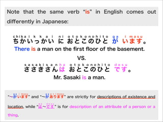 Note that the same verb

is

in English comes out

diﬀerently in Japanese:
chika i

k

k

a

i

n i

o t o k o n o h i t o

g a

i

m a s u

ちかいっかい に おとこのひと が います。
There is a man on the ﬁrst ﬂoor of the basement.
VS.
s a s a k i s a n h a

o t o k o n o h i t o

d e s u

ささきさんは おとこのひと です。
Mr. Sasaki is a man.

g a

i masu

g a a r i masu

∼が います and ∼が あります are strictly for descriptions of existence and
w a

d e s u

location, while は ∼で す
thing.

is for description of an attribute of a person or a

 