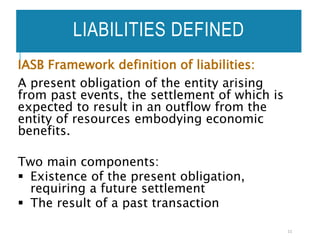 LIABILITIES DEFINED
IASB Framework definition of liabilities:
A present obligation of the entity arising
from past events, the settlement of which is
expected to result in an outflow from the
entity of resources embodying economic
benefits.
Two main components:
 Existence of the present obligation,
requiring a future settlement
 The result of a past transaction
11
 