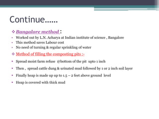 Continue……
Bangalore method :
• Worked out by L.N. Acharya at Indian institute of science , Bangalore
• This method saves Labour cost
• No need of turning & regular sprinkling of water
 Method of filling the composting pits :-
 Spread moist farm refuse @bottom of the pit upto 1 inch
 Then , spread cattle dung & urinated mud followed by 1 or 2 inch soil layer
 Finally heap is made up up to 1.5 – 2 feet above ground level
 Heap is covered with thick mud
 
