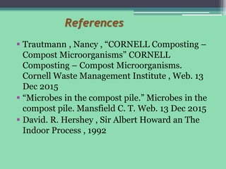 References
 Trautmann , Nancy , “CORNELL Composting –
Compost Microorganisms” CORNELL
Composting – Compost Microorganisms.
Cornell Waste Management Institute , Web. 13
Dec 2015
 “Microbes in the compost pile.” Microbes in the
compost pile. Mansfield C. T. Web. 13 Dec 2015
 David. R. Hershey , Sir Albert Howard an The
Indoor Process , 1992
 