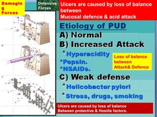 Damagin
g
Forces

Defensive
Forces

Ulcers are caused by loss of balance
between
Mucosal defence & acid attack

Loss of balance
between
Attack& Defence

Ulcers are caused by loss of balance
Between protective & Hostile factors.

 