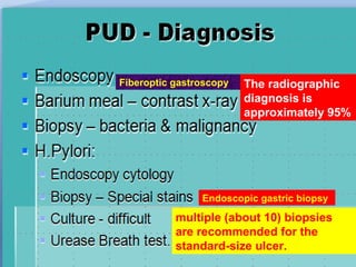 Fiberoptic gastroscopy

The radiographic
diagnosis is
approximately 95%

Endoscopic gastric biopsy

multiple (about 10) biopsies
are recommended for the
standard-size ulcer.

 