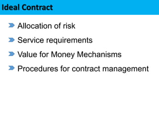 Ideal Contract
Allocation of risk
Service requirements
Value for Money Mechanisms
Procedures for contract management
 
