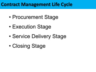 Contract Management Life Cycle
• Procurement Stage
• Execution Stage
• Service Delivery Stage
• Closing Stage
 