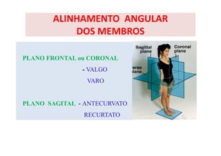 ALINHAMENTO ANGULAR
DOS MEMBROS
PLANO FRONTAL ou CORONAL
- VALGO
VARO
PLANO SAGITAL - ANTECURVATO
RECURTATO
 