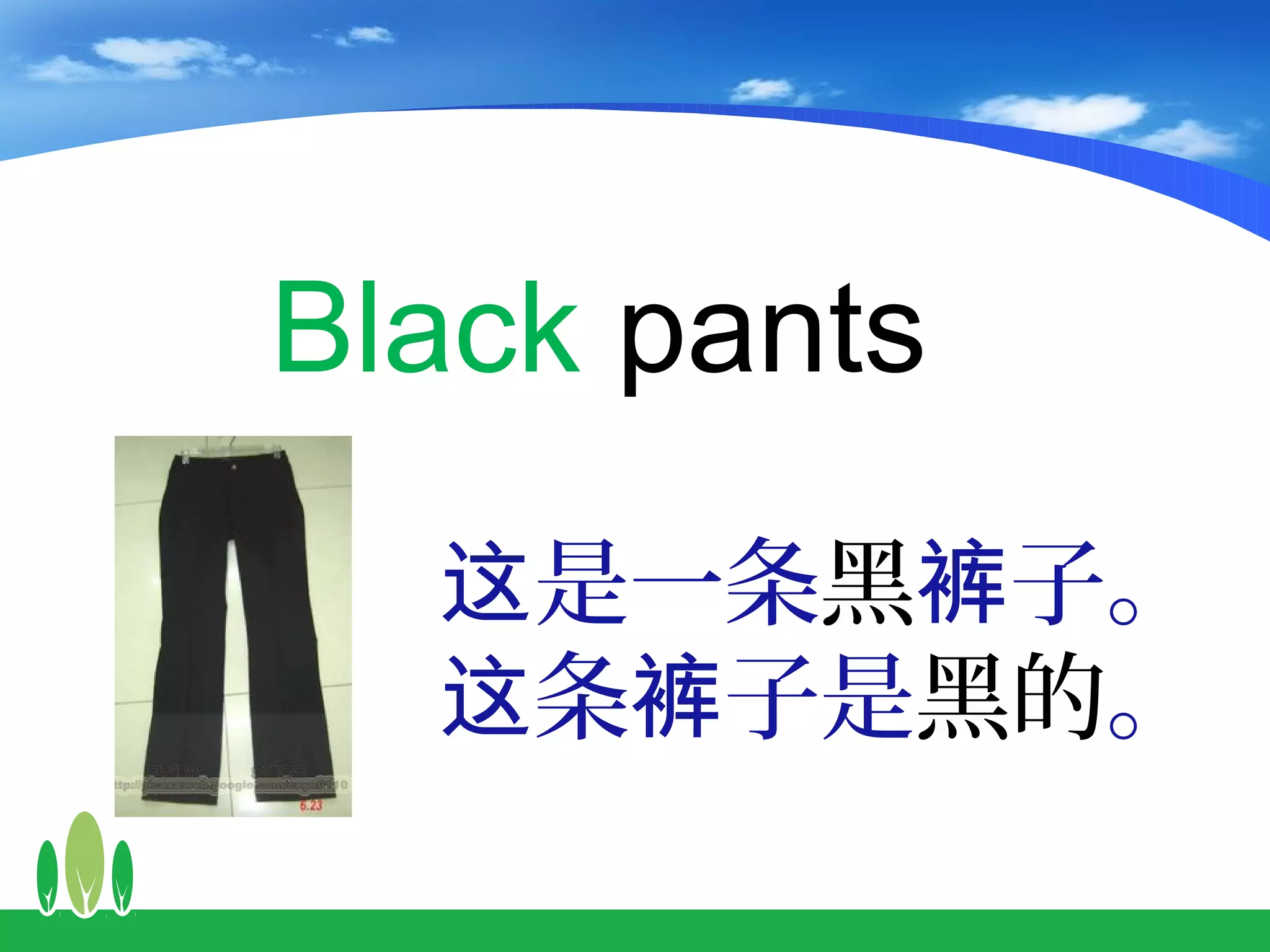 Black pants
  这是一条黑裤子。
  这条裤子是黑的。
 