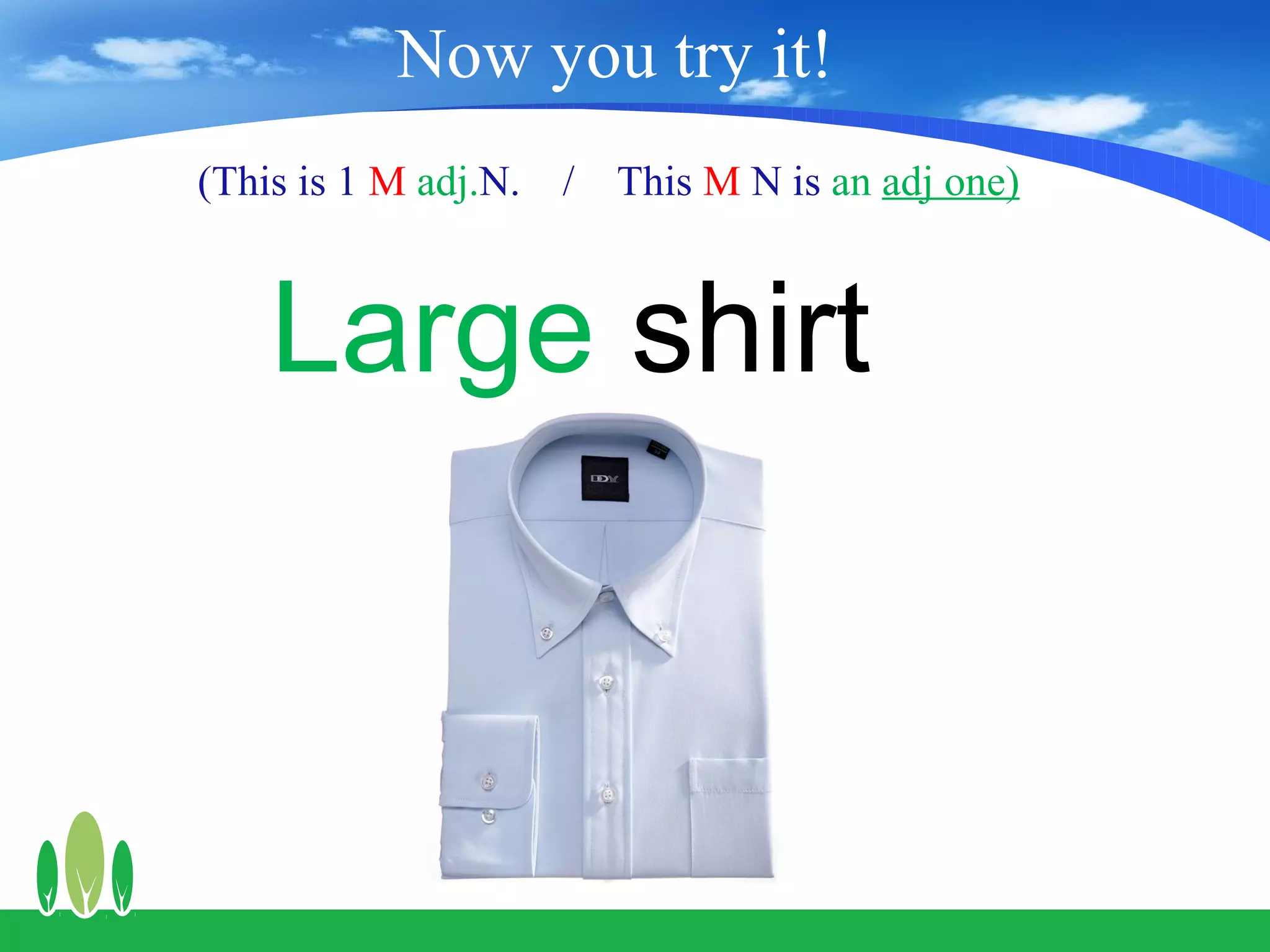 Now you try it!
(This is 1 M adj.N.   /   This M N is an adj one)



    Large shirt
 
