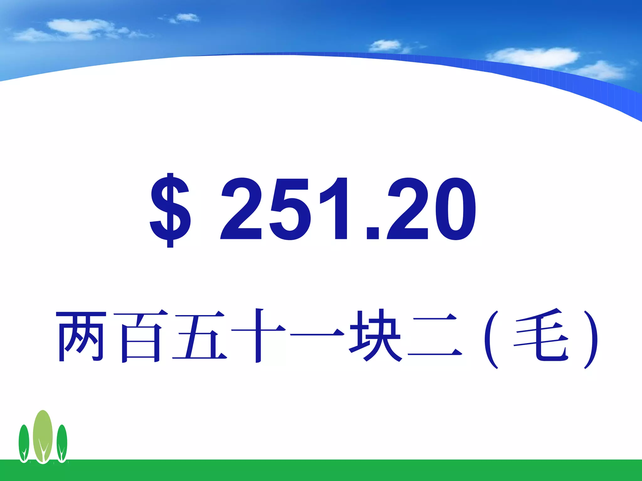 $ 251.20
两百五十一块二 ( 毛 )
 
