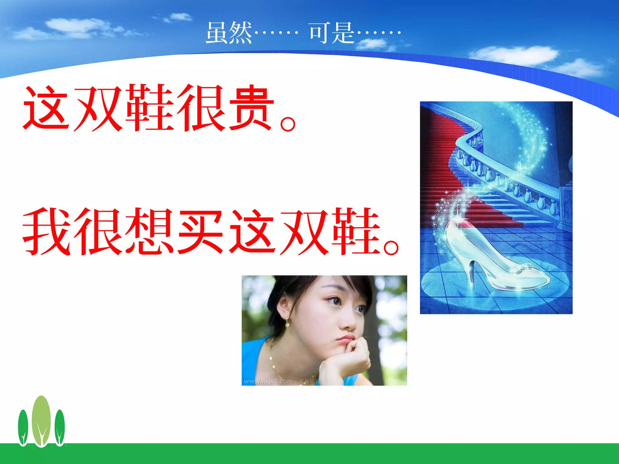 虽然…… 可是……


这双鞋很贵。

我很想买这双鞋。
 