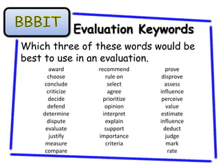 Evaluation Keywords
Which three of these words would be
best to use in an evaluation.
       award          recommend         prove
      choose             rule on      disprove
     conclude             select       assess
      criticize           agree      influence
      decide            prioritize    perceive
      defend             opinion        value
    determine           interpret    estimate
      dispute            explain     influence
     evaluate            support       deduct
       justify        importance        judge
     measure             criteria       mark
     compare                             rate
 