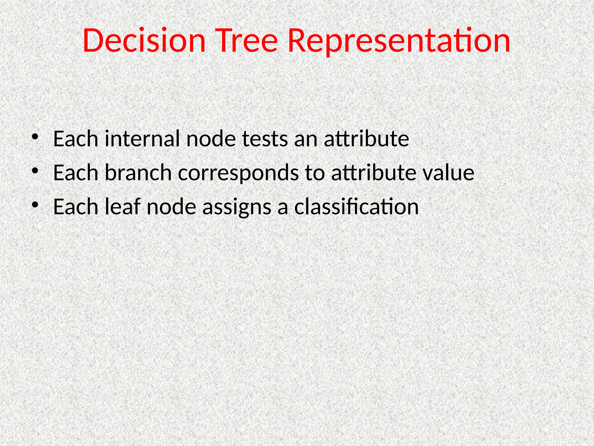 Decision Tree Representation
• Each internal node tests an attribute
• Each branch corresponds to attribute value
• Each leaf node assigns a classification
 