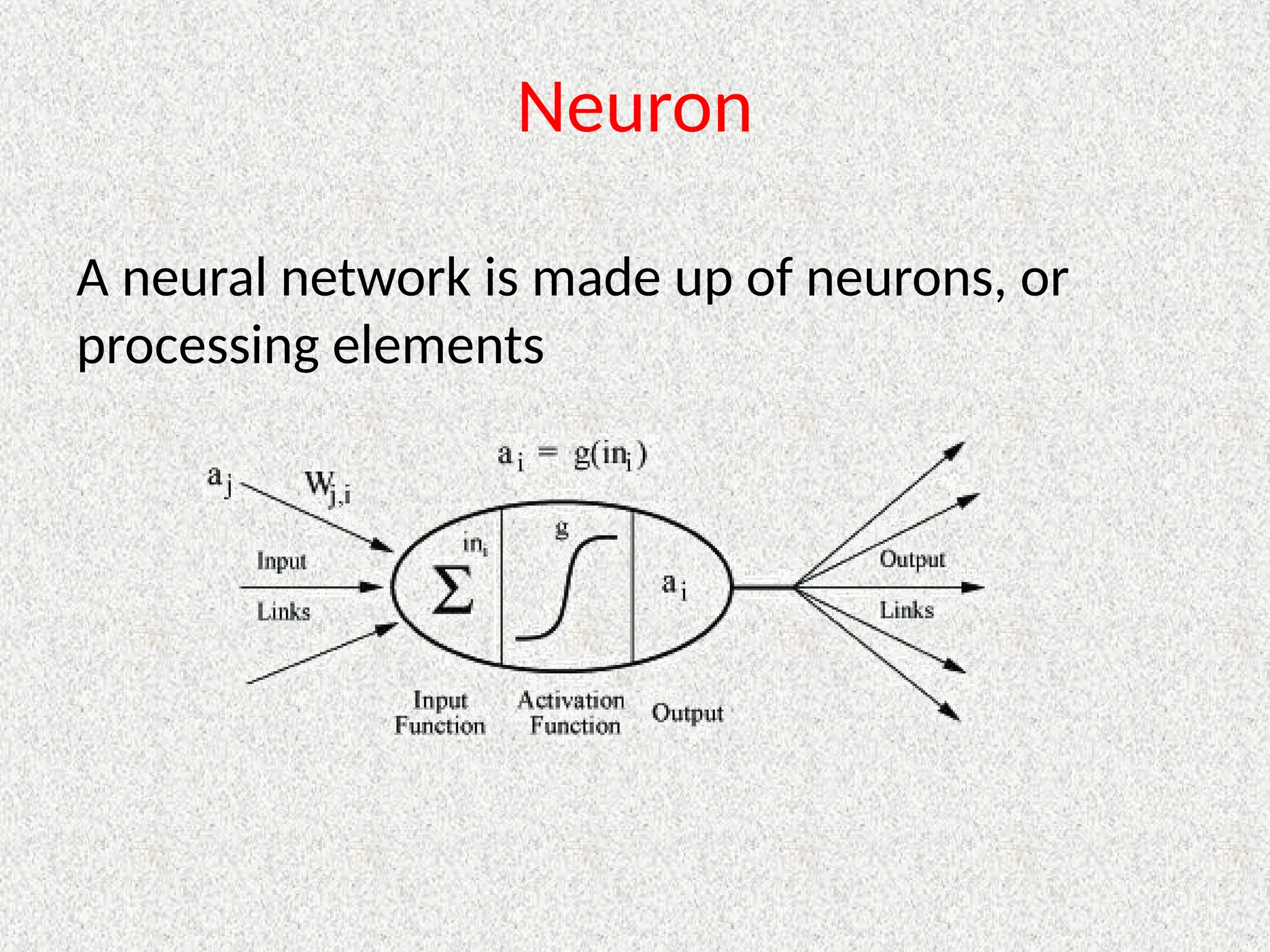 Neuron
A neural network is made up of neurons, or
processing elements
 