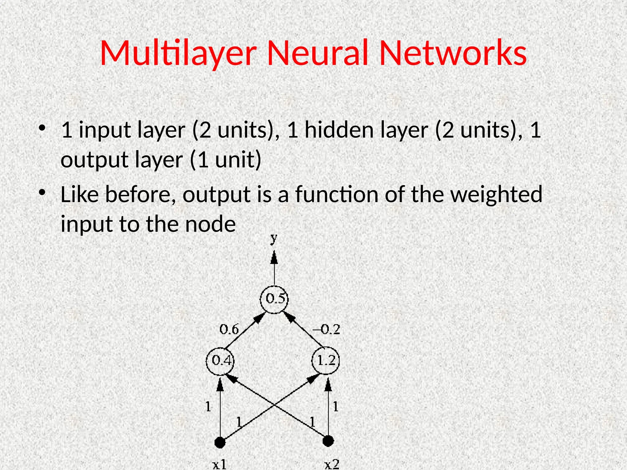 Multilayer Neural Networks
• 1 input layer (2 units), 1 hidden layer (2 units), 1
output layer (1 unit)
• Like before, output is a function of the weighted
input to the node
 
