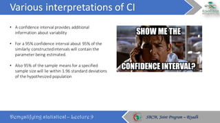 Various	interpretations	of	CI
Demystifying statistics! – Lecture 9 SBCM, Joint Program – RiyadhSBCM, Joint Program – Riyadh
• A	confidence	interval	provides	additional	
information	about	variability
• For	a	95%	confidence	interval	about	95%	of	the	
similarly	constructed	intervals	will	contain	the	
parameter	being	estimated.		
• Also	95%	of	the	sample	means	for	a	specified	
sample	size	will	lie	within	1.96	standard	deviations	
of	the	hypothesized	population
 