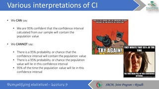 Various	interpretations	of	CI
Demystifying statistics! – Lecture 9 SBCM, Joint Program – RiyadhSBCM, Joint Program – Riyadh
• We	CAN say:
• We	are	95%	confident	that	the	confidence	interval	
calculated	from	our	sample	will	contain	the	
population	value
• We	CANNOT say:
• There	is	a	95%	probability	or	chance	that	the	
confidence	interval	will	contain	the	population	 value
• There	is	a	95%	probability	or	chance	the	population	
value	will	lie	in	this	confidence	interval
• 95%	of	the	time	the	population	value	will	lie	in	this	
confidence	interval
 