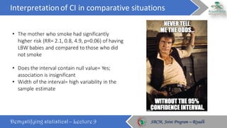 Interpretation	of	CI	in	comparative	situations
Demystifying statistics! – Lecture 9 SBCM, Joint Program – RiyadhSBCM, Joint Program – Riyadh
• The	mother	who	smoke	had	significantly	
higher	risk	(RR=	2.1,	0.8,	4.9,	p=0.06)	of	having	
LBW	babies	and	compared	to	those	who	did	
not	smoke
• Does	the	interval	contain	null	value=	Yes;	
association	is	insignificant
• Width	of	the	interval=	high	variability	in	the	
sample	estimate
 