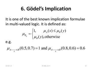 6. Gödel’s Implication
It is one of the best known implication formulae
in multi-valued logic. It is defined as:
e.g.
16-Oct-12 EE-646, Lec-9 15
1, ( ) ( )
( ),otherwiseg
A B
R
B
x y
y
 



 

(0.5,0.7) 1 and (0.8,0.6) 0.6
g g
A B A B   
 