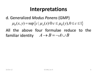 Interpretations
16-Oct-12 EE-646, Lec-9 6
d. Generalized Modus Ponens (GMP)
All the above four formulae reduce to the
familiar identity
 ( , ) sup | ( ) ( ),0 1R A Bx y c x c y c      
A B A B   
 