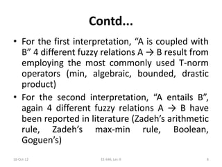 Contd...
• For the first interpretation, “A is coupled with
B” 4 different fuzzy relations A → B result from
employing the most commonly used T-norm
operators (min, algebraic, bounded, drastic
product)
• For the second interpretation, “A entails B”,
again 4 different fuzzy relations A → B have
been reported in literature (Zadeh’s arithmetic
rule, Zadeh’s max-min rule, Boolean,
Goguen’s)
16-Oct-12 EE-646, Lec-9 8
 