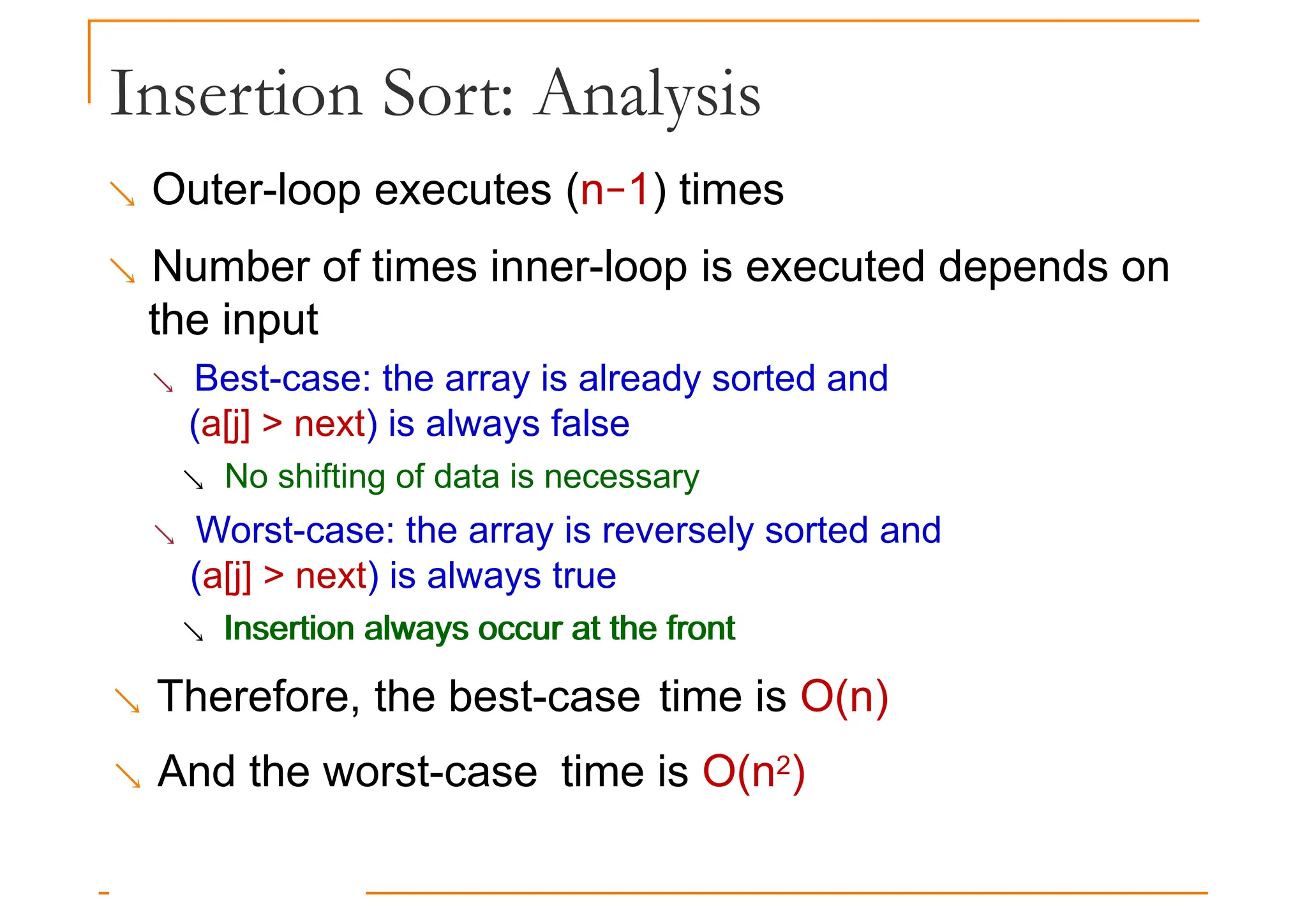 Insertion Sort: Analysis
 Outer-loop executes (n−1) times
 Number of times inner-loop is executed depends on
the input
the input
 Best-case: the array is already sorted and
(a[j] > next) is always false
 No shifting of data is necessary
 Worst-case: the array is reversely sorted and
(a[j] > next) is always true
 Insertion always occur at the front
Insertion always occur at the front
 Therefore, the best-case time is O(n)
 And the worst-case time is O(n2)
 