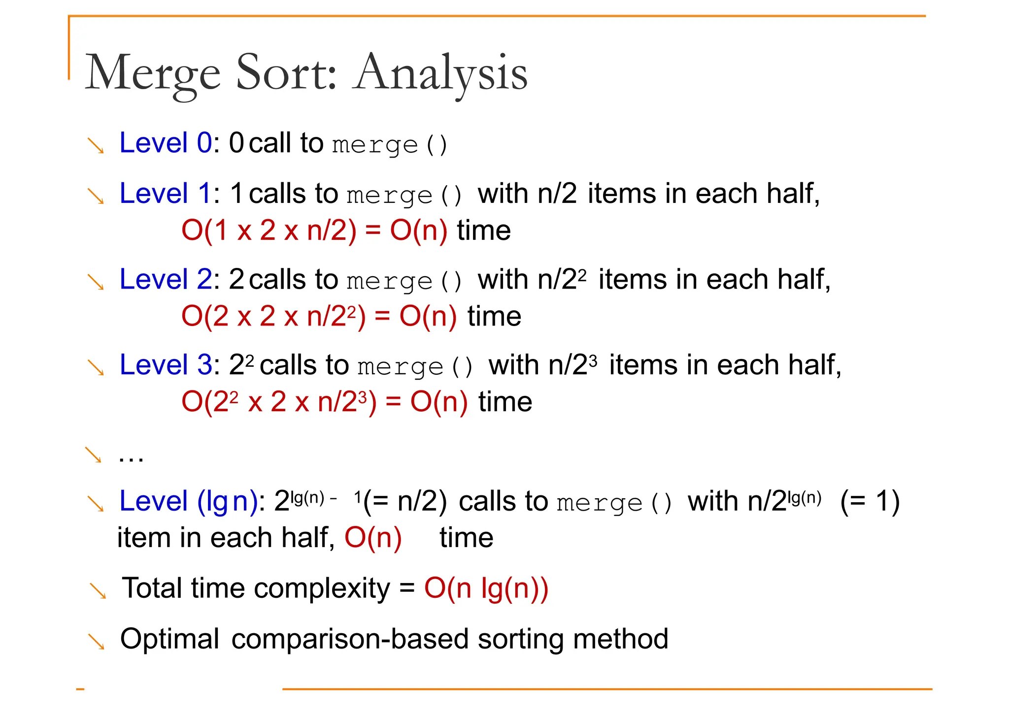Merge Sort: Analysis
 Level 0: 0call to merge()
 Level 1: 1calls to merge() with n/2 items in each half,
O(1 x 2 x n/2) = O(n) time
O(1 x 2 x n/2) = O(n) time
 Level 2: 2calls to merge() with n/22 items in each half,
O(2 x 2 x n/22) = O(n) time
 Level 3: 22 calls to merge() with n/23 items in each half,
O(22 x 2 x n/23) = O(n) time
 …
 Level (lgn): 2lg(n) − 1(= n/2) calls to merge() with n/2lg(n) (= 1)
item in each half, O(n) time
 Total time complexity = O(n lg(n))
 Optimal comparison-based sorting method
 