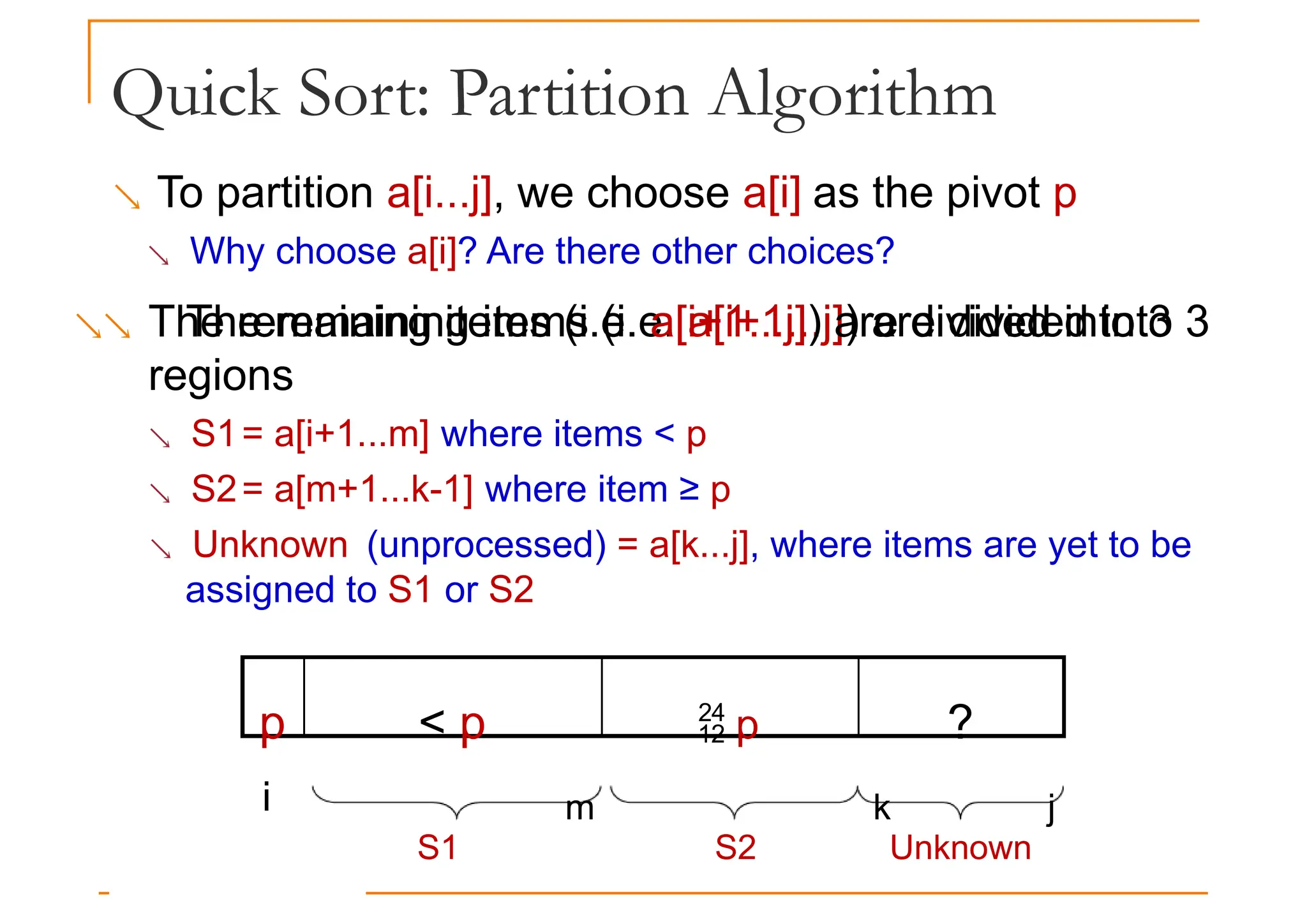 Quick Sort: Partition Algorithm
 To partition a[i...j], we choose a[i] as the pivot p
 Why choose a[i]? Are there other choices?
 The remaining items (i.e. a[i+1...j]) are divided into 3
The remaining items (i.e. a[i+1...j]) are divided into 3
regions
 S1= a[i+1...m] where items < p
 S2= a[m+1...k-1] where item ≥ p
 Unknown (unprocessed) = a[k...j], where items are yet to be
assigned to S1 or S2
p < p  p ?
i m k j
S1 S2 Unknown
 