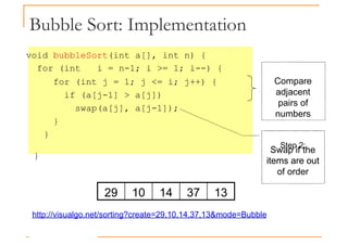 Bubble Sort: Implementation
void bubbleSort(int a[], int n) {
for (int i = n-1; i >= 1; i--) {
for (int j = 1; j <= i; j++) {
if (a[j-1] > a[j])
swap(a[j], a[j-1]);
}
}
}
Step 2:
Swap if the
items are out
Compare
adjacent
pairs of
numbers
29 10 14 37 13
items are out
of order
http://visualgo.net/sorting?create=29,10,14,37,13&mode=Bubble
 