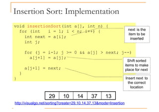 Insertion Sort: Implementation
void insertionSort(int a[], int n) {
for (int i = 1; i < n; i++) {
int next = a[i];
next is the
item to be
inserted
int next = a[i];
int j;
for (j = i-1; j >= 0 && a[j] > next; j--)
a[j+1] = a[j];
a[j+1] = next;
}
inserted
Shift sorted
items to make
place for next
}
}
29 10 14 37 13
Insert next to
the correct
location
http://visualgo.net/sorting?create=29,10,14,37,13&mode=Insertion
 